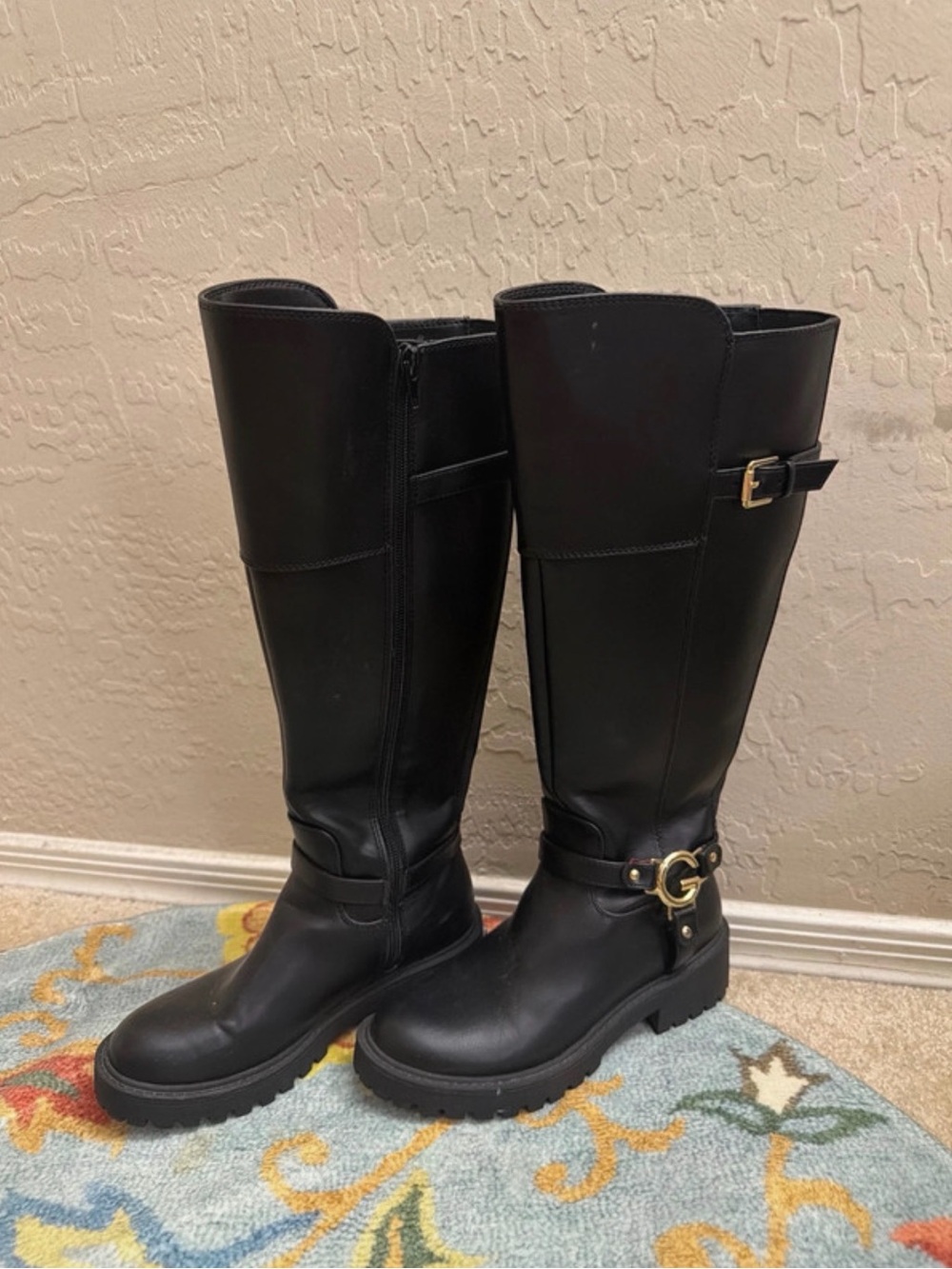 GBG Los Angeles Black Tall Riding Boots with Gold Buckle